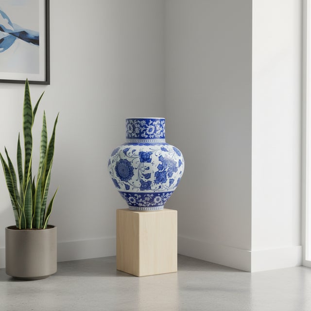 Ceramic Handmade Ceramic Monumental Vase (50cm) Wide-Neck “Baba Nakkas” Blue & White Design – Grand Floor or Table Centerpiece For Sale - Image 7 of 10