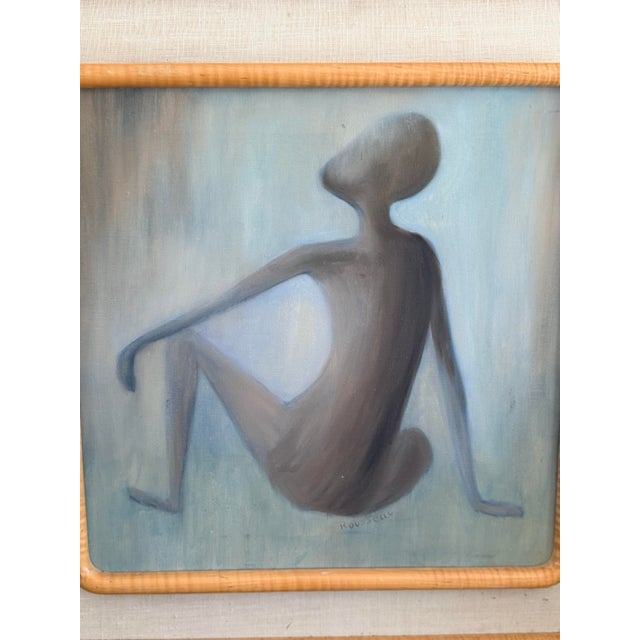 A vintage French oil painting on canvas depicting a seated abstract figure, signed Rousseau. The composition is simple and...