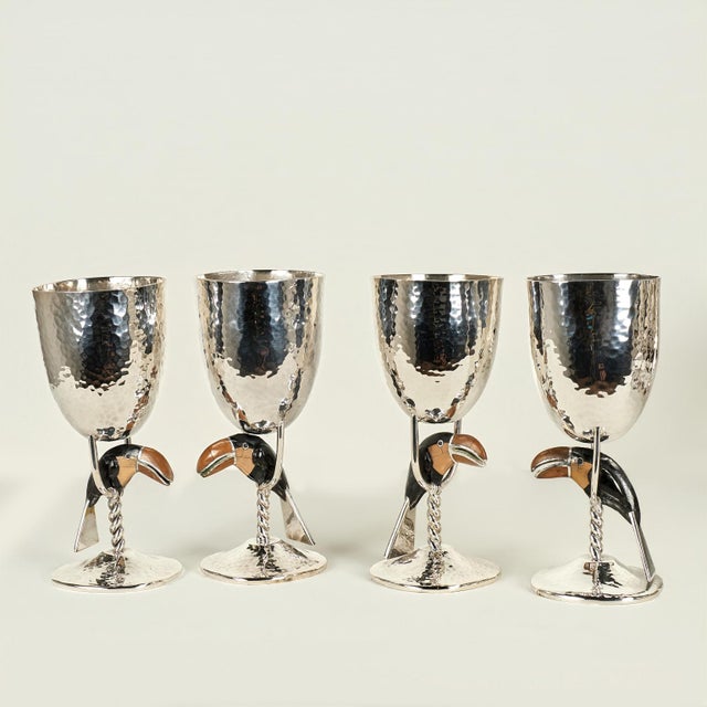 Vintage Silver on Copper Goblets or Stemware With Toucans - Set of Fourteen For Sale In West Palm - Image 6 of 14