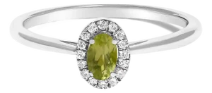 10K White Gold 5X3MM Oval Green Peridot and Diamond Accent Halo Ring (I-J Color, I1-I2 Clarity) - Ring Size 6
