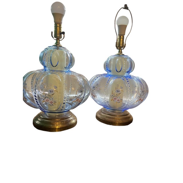 Pair of Mid-Century Murano Style Blue Bullicante Glass Lamps, Attributed to Falkenstein Sculptural mid-century table lamp...
