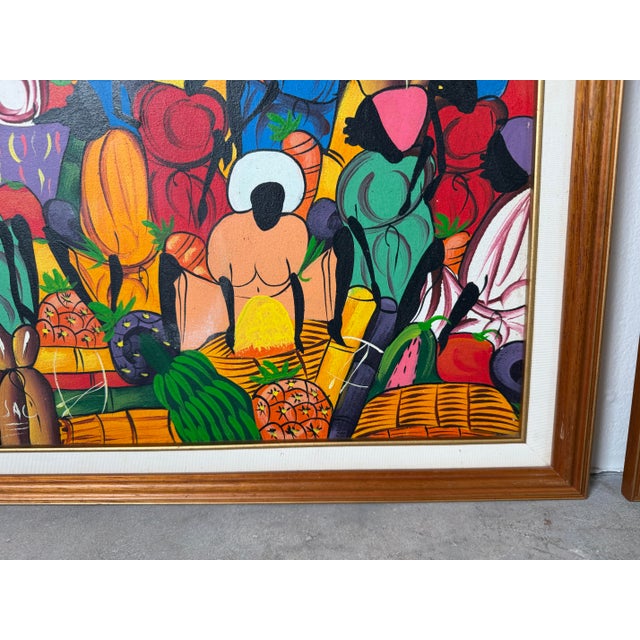 Vintage Haitian Folk Art Market Scene Oil on Canvas Painting by Michael, Wood Framed For Sale In Miami - Image 6 of 12