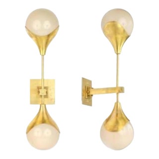 Pair of Modern Murano Gilt Brass and White Glass Ball Form Sconces For Sale