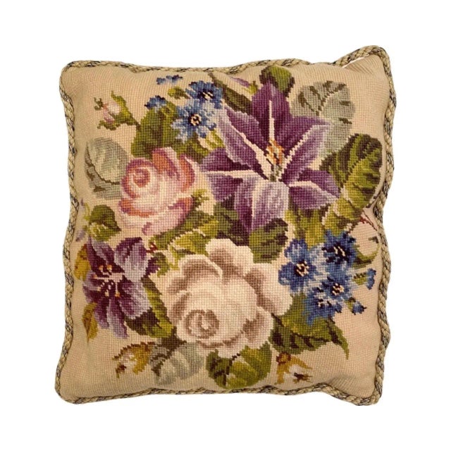 Tan Vintage Floral Flower Needlepoint Decorative Accent Pillow with Velvet Back For Sale - Image 8 of 12