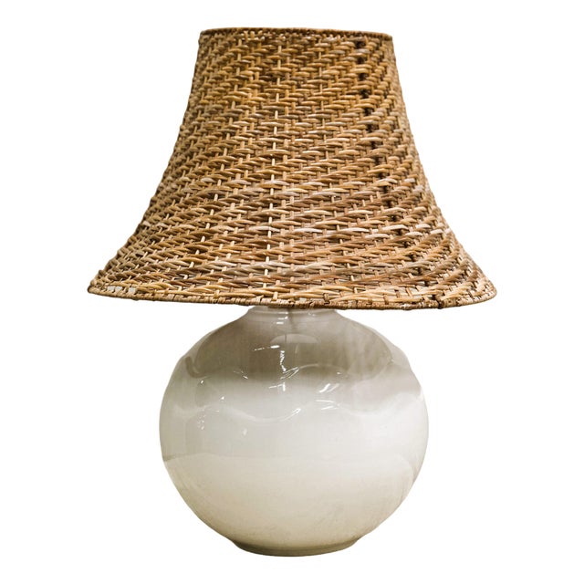 Vintage Ceramic Table Lamp with Rattan Shade, 1980s For Sale