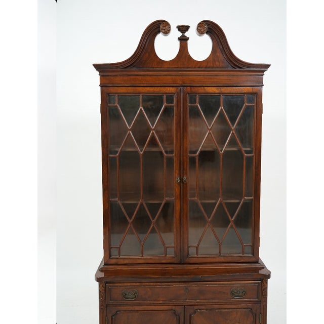 Wood Vintage Mahogany China Cabinet With Leaded Glass Doors and Broken Pediment For Sale - Image 7 of 9