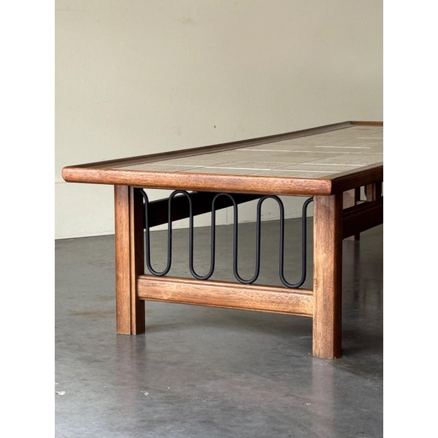 Mid Century Modern Walnut + Travertine & Iron Coffee Table For Sale - Image 4 of 7