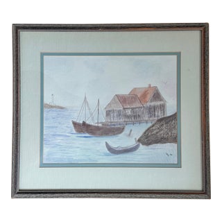 1994 Folk Art Nautical Seascape Watercolor For Sale