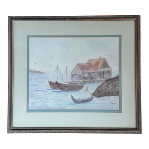 1994 Folk Art Nautical Seascape Watercolor