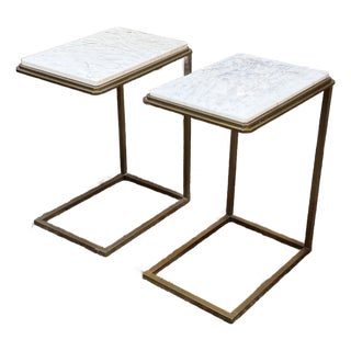 Brass C-Tables With Marble Tops, Pair For Sale