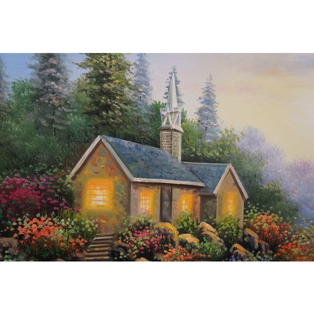 Late 20th Century C. Jaffey Cottage Garden Stream Landscape Oil Painting on Canvas 31" For Sale - Image 11 of 12
