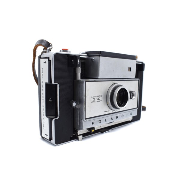Mid 20th Century Mid 20th Century Foldable Polaroid Land Automatic Camera Model 350 With Clamshell Cover and Original Leather Shoulder Starp For Sale - Image 5 of 11