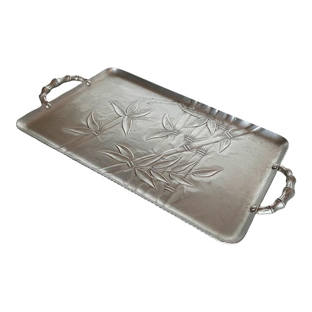 Vintage Hand-Hammered Aluminum Bamboo Serving Tray — Asian Revival Style (14” X 9.25”) For Sale
