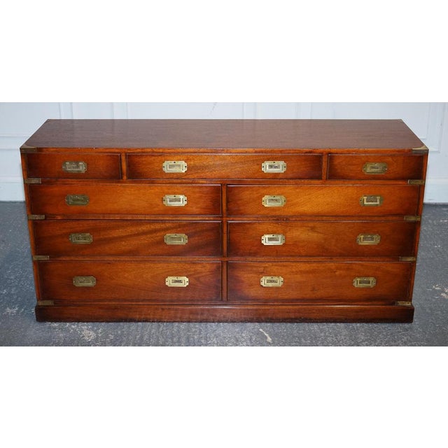 Vintage Yew Wood Military Campaign Sideboard Bank of Drawers with Brass Handles For Sale - Image 3 of 18