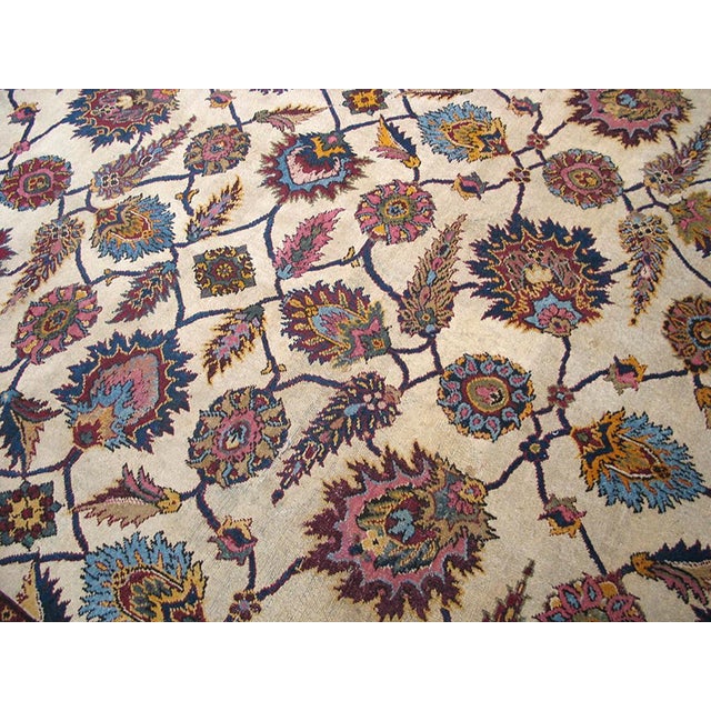 1890s Ivory Floral Tribal Antique Indian Agra Cotton Rug 11' 0" X 16' 9" Handknotted Wool Carpet For Sale - Image 4 of 6