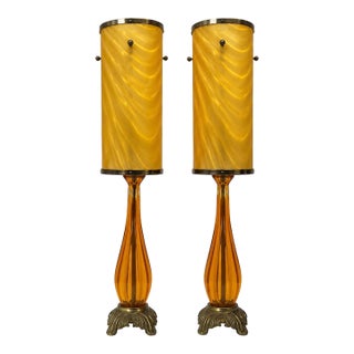 Vintage Mid-Century Modern Amber Murano Style Swirl Glass Table Lamps - a Pair For Sale