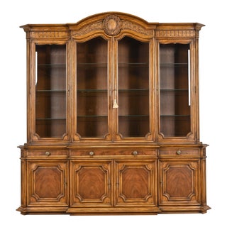 Karges French Regency Louis XVI Burled Walnut Breakfront Bookcase Cabinet, Circa 1960s For Sale