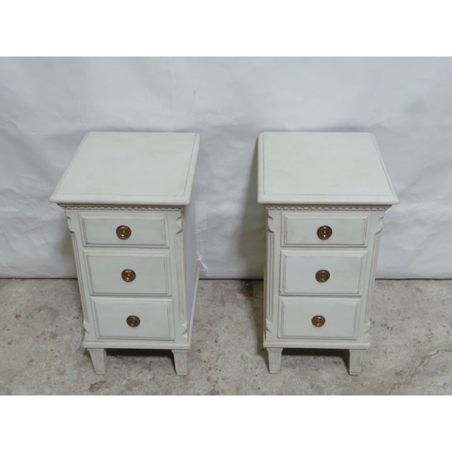 This is a unique set of Gustavian Style Nightstands 3 Drawer. They have been restored and repainted with Milk Paints...