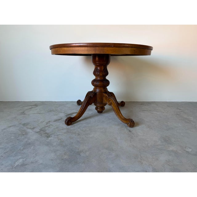 Vintage English Style Round Dining Table With Patchwork Burl Walnut Veneer Top & Carved Pedestal Base For Sale - Image 4 of 12