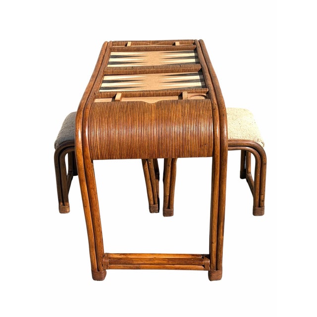 Vintage Pencil Reed Natural Bamboo Game Table With Stools Set For Sale In Philadelphia - Image 6 of 11