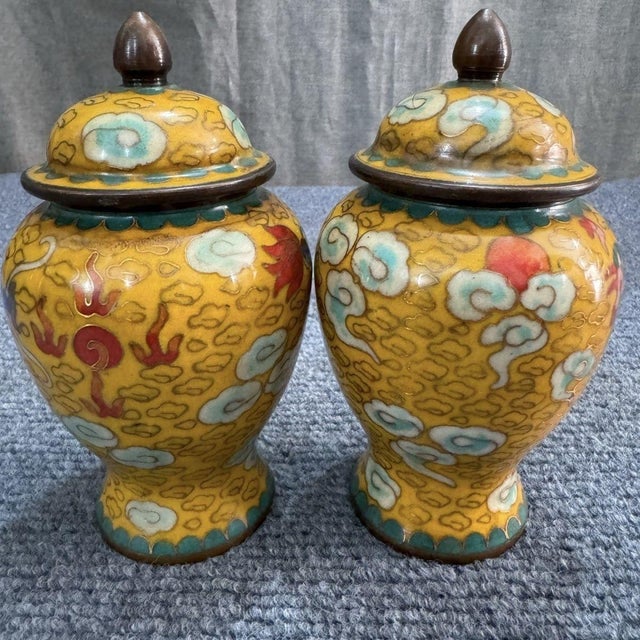 Mid 20th Century Pair of Vintage Cloisonné Enamel Dragon & Phoenix Ginger Jars For Sale - Image 5 of 6