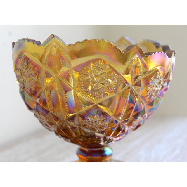 Vintage l.e. Smith Heritage Amber Carnival Glass Oval Pedestal Compote Bowl For Sale In Naples, FL - Image 6 of 13