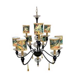 Vintage Chandelier With Marbleized Shades and Amber Crystals For Sale