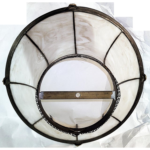 1910s Antique Curved Slag Glass Bronze Lamp Shade For Sale - Image 5 of 9