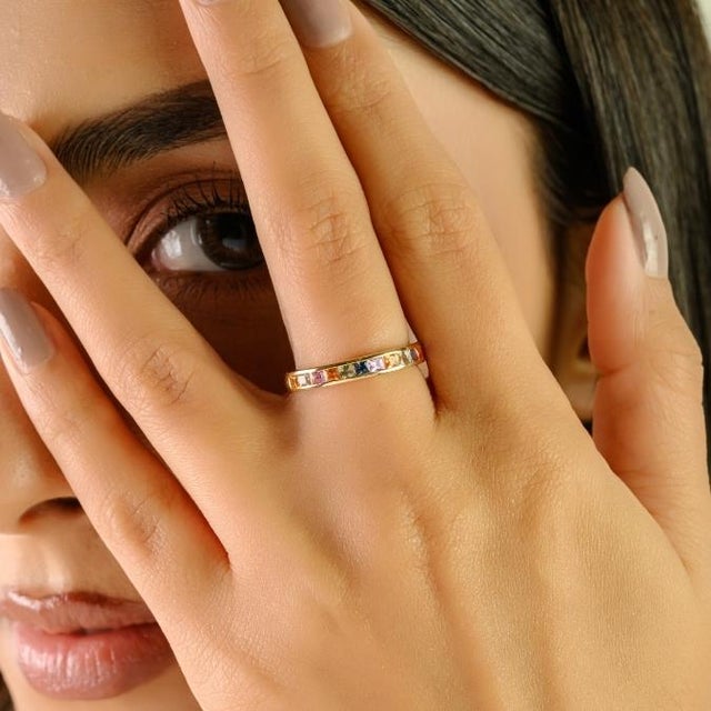 Not Yet Made - Made To Order Pop Art Style Rainbow Multi Sapphire Eternity Band Ring in 14k Yellow Gold Size 5 For Sale - Image 5 of 16