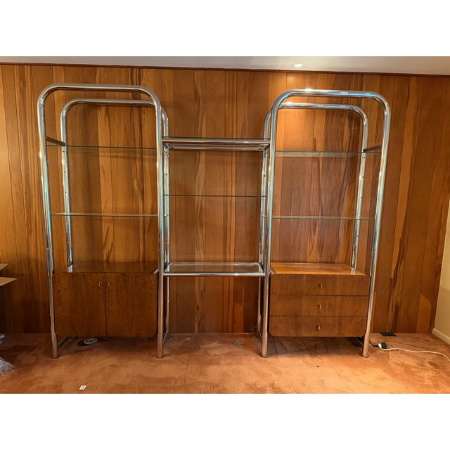 Postmodern Founders Walnut, Chrome and Glass Shelving Unit, Jack Cartwright For Sale - Image 3 of 15