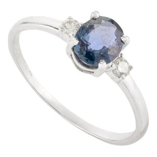 14k Solid White Gold Dainty Blue Sapphire and Diamond Three Stone Ring Size 7 For Sale