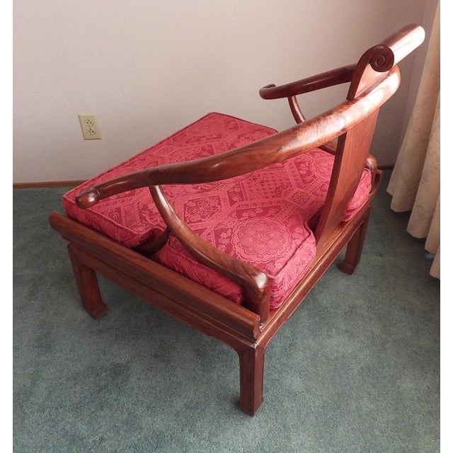 20th Century George Yee Style Chinese Hong Kong Horseshoe Lacquered Wook Accent Chair With Red Cushion For Sale In Monterey, CA - Image 6 of 12
