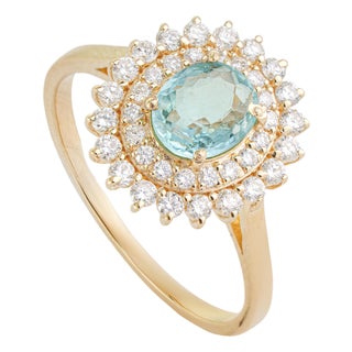 14k Yellow Gold 1.18 Ct Oval Paraiba Tourmaline & Diamond Double Halo Ring Size 6 For Sale