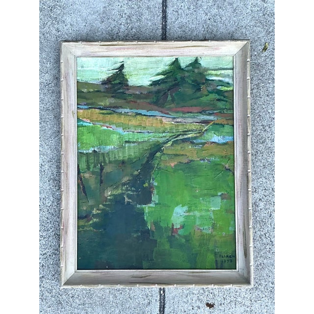 This captivating 1973 original landscape oil on canvas by the artist "Floren" is a vibrant exploration of color and light....