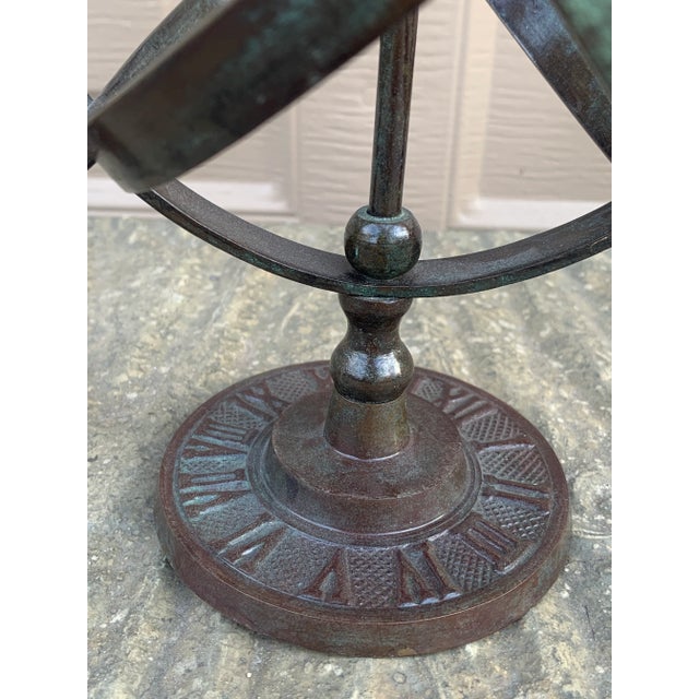 Late 20th Century Rustic Verdigris Iron Armillary Sphere on Pedestal – European Garden Accent For Sale - Image 5 of 9