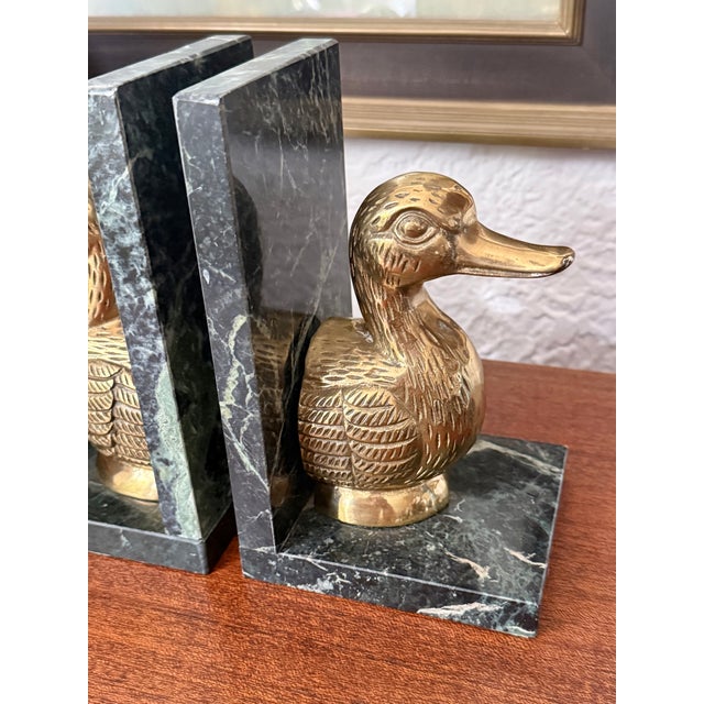 Late 20th Century Solid Brass Duck Bookends on Marble For Sale - Image 4 of 10