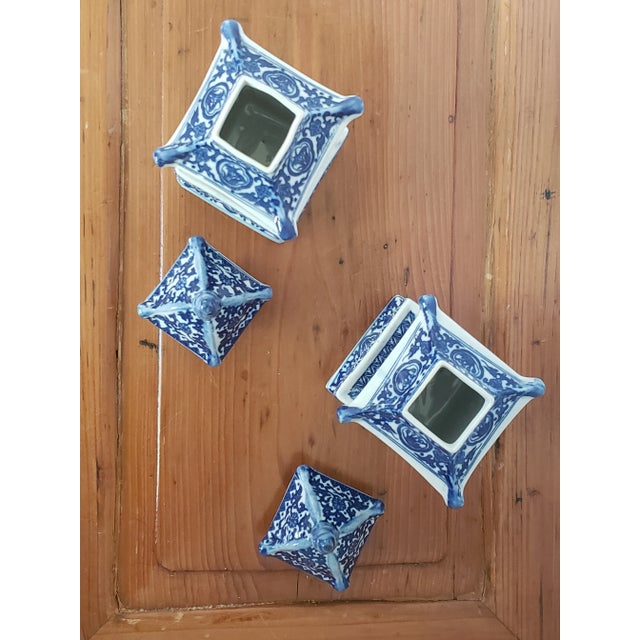 Early 21st Century Chinoserie Blue & White Ceramic Pagoda Jars - a Pair For Sale - Image 5 of 11