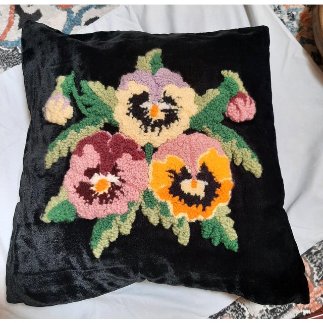French Country Pansy Velvet Black Pillow Cover Punch Needle For Sale - Image 3 of 7