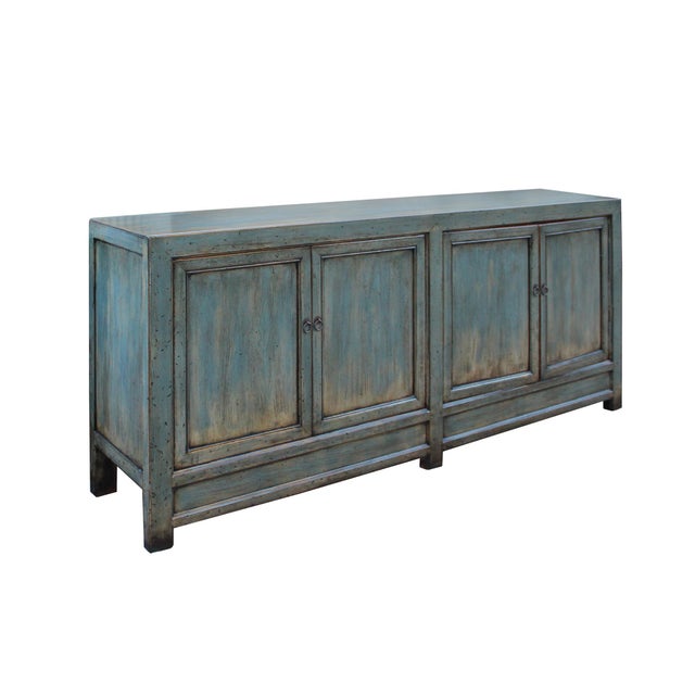 Chinese Distressed Teal Blue Lacquer Tall Long Tv Console ...