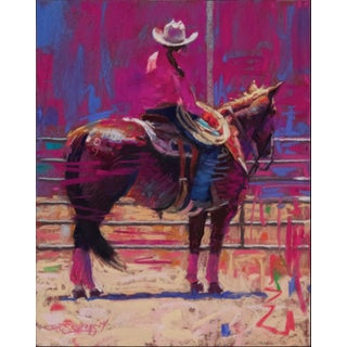 The Arena by Jeff Slemons | Soft Pastel on Sanded Paper Horse and rider in a rodeo setting. For Sale