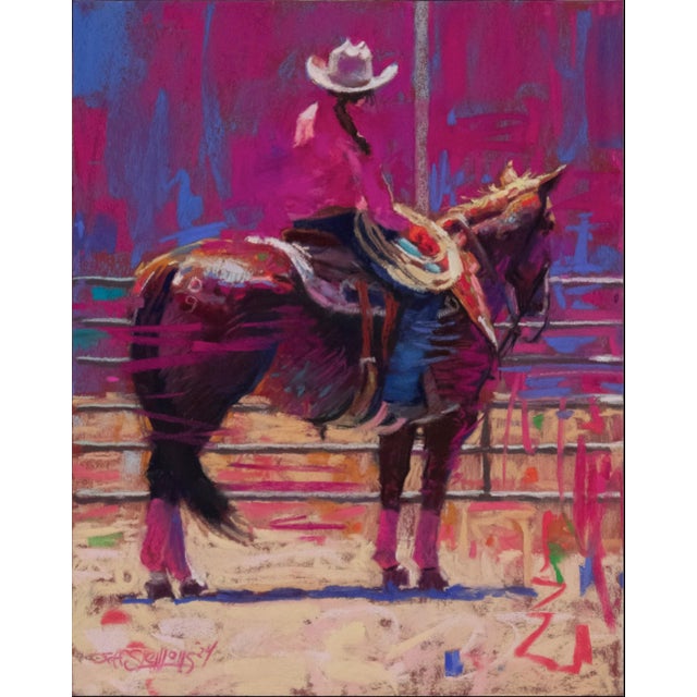 The Arena by Jeff Slemons | Soft Pastel on Sanded Paper Horse and rider in a rodeo setting. For Sale