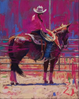 The Arena by Jeff Slemons | Soft Pastel on Sanded Paper Horse and rider in a rodeo setting.