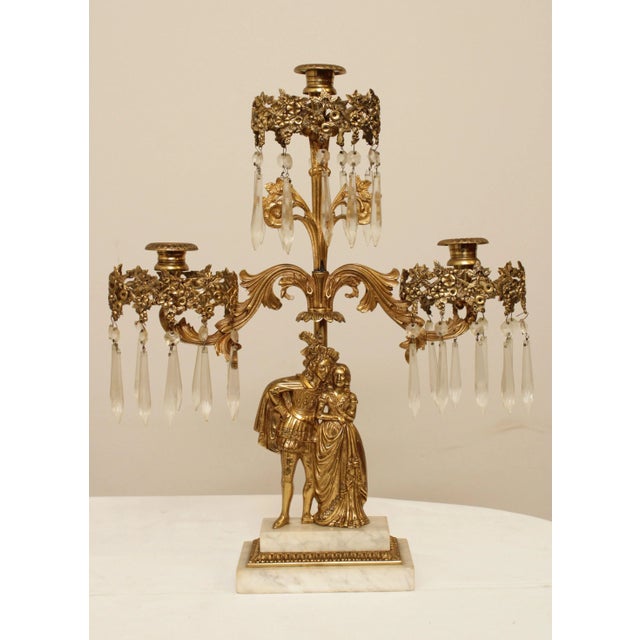 Antique Victorian Brass Marble Base Girandole Candelabra - 3 Pieces For Sale - Image 4 of 13