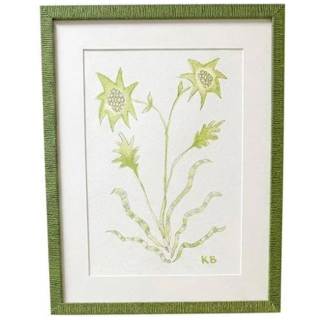 Bespoke green botanical paintings, original graphite + gouache botanicals. Custom lime green frame. Artist Katie Binkley...