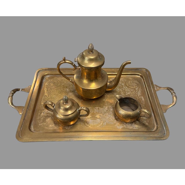 Metal Vintage Brass Finish 4 Piece Tea Set With Pinecone Finials For Sale - Image 7 of 8
