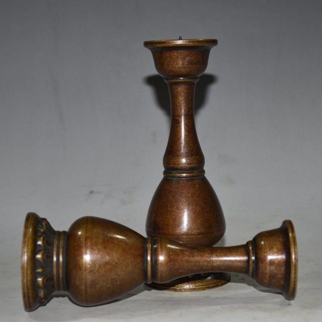 Chinese Pair of Vintage Chinese Solid Copper "Bulbous" Candlesticks With Lotus Bases - 879g For Sale - Image 3 of 9