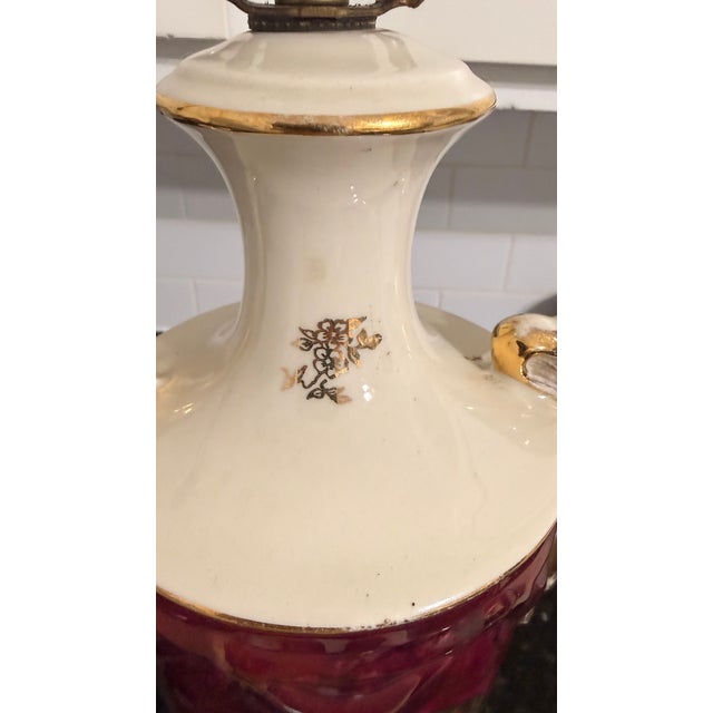 Vintage Ruby Porcelain Courting Scene Table Lamps With Gilt Accents — Pair For Sale - Image 10 of 12