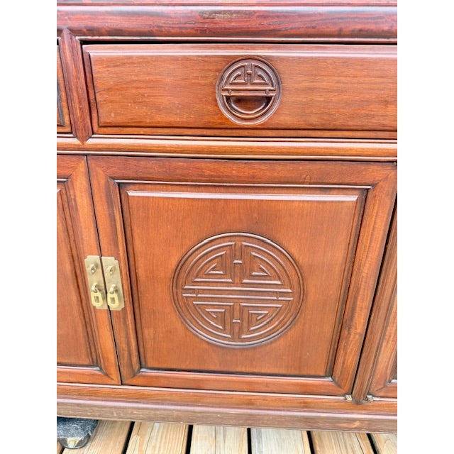 Wood 1960s Chinese Carved Rosewood Hand-Carved Long Life Sideboard Cabinet Buffet Server For Sale - Image 7 of 16