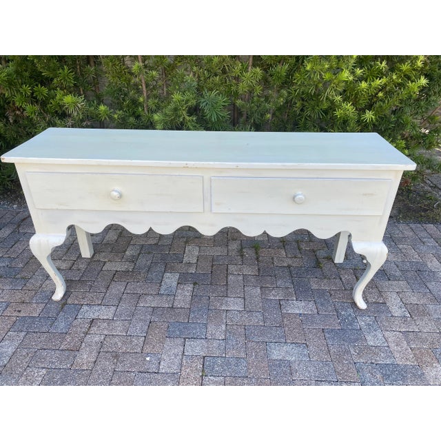 French Provincial Large French Country Console Table Distress Blanche For Sale - Image 3 of 10