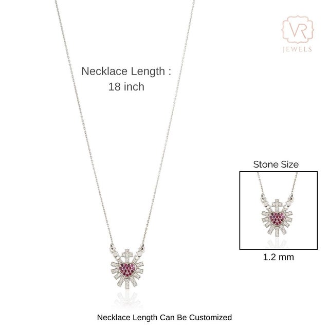 Vintage Inspired Ruby Diamond Sacred Heart Necklace in 14k White Gold For Sale - Image 10 of 14